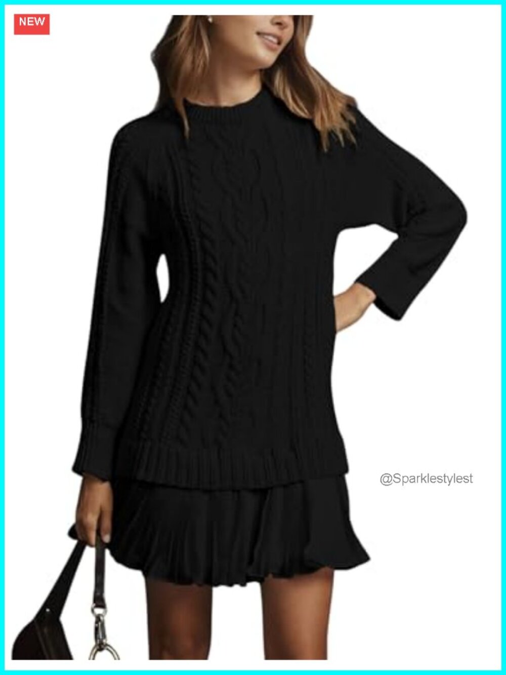 Cable Knit Sweater Dress Pleated Twofer A-Line Mini Fall Winter